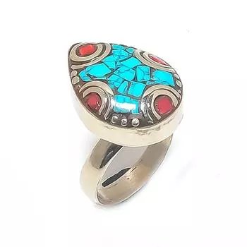 Tibetan Turquoise, Coral Handmade 925 Sterling Silver Ring Size Adjustable E4G34