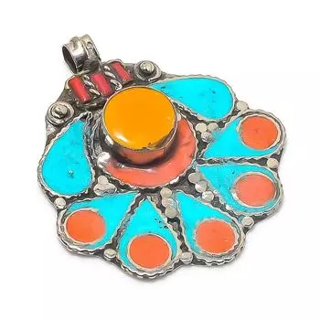 Tibetan Turquoise, Coral Handmade 925 Sterling Silver Jewelry Pendant 2.36 m1G83