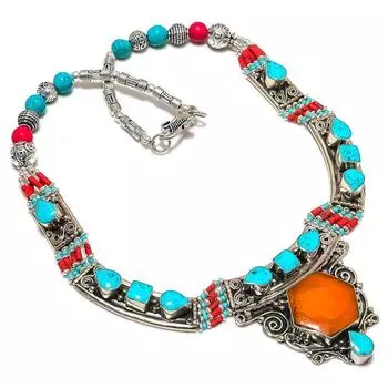 Tibetan Turquoise, Coral Handmade Jewelry Necklace 18 G5j97