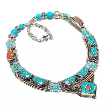 Tibetan Turquoise, Coral Handmade Jewelry Necklace 18 Z3D25