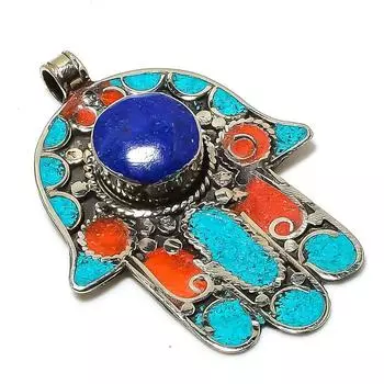 Tibetan Turquoise, Coral Handmade Jewelry Pendant 2.96 K5S64