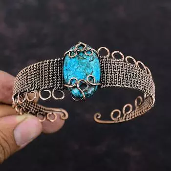 Tibetan Turquoise Gemstone Cuff Bracelet Copper Wire Wrapped Handmade Bangle Adjustable Cuff Bangle Copper Wire Wrapped Bangle Gift For Him