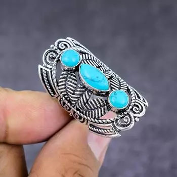 Tibetan Turquoise Gemstone Handmade 925 Sterling Silver Jewelry Ring S.6.5 a2I68