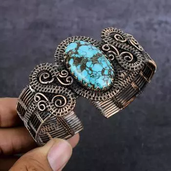 Tibetan Turquoise Gemstone Handmade Copper Wire Wrap Cuff Bangle Adjustable z7o70