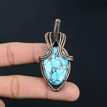 Тибетский бирюзовый драгоценный камень ручной работы из чистой медной проволоки, ювелирное изделие, кулон для женщин 2.56 Inches синий