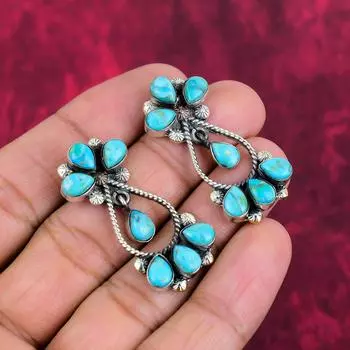 Ювелирные изделия из тибетского бирюзового камня, серьги ручной работы из цельного серебра 925 пробы, красивые серьги из бирюзы для нее 1.65 Inches синий