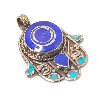 Tibetan Turquoise, Lapis Handmade 925 Sterling Silver Jewelry Pendant 1.97 k2H13