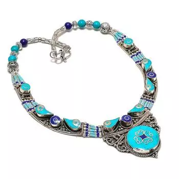 Tibetan Turquoise, Lapis Handmade Jewelry Necklace 18 k0E38