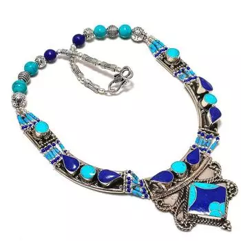 Tibetan Turquoise, Lapis Handmade Jewelry Necklace 18 c6T59