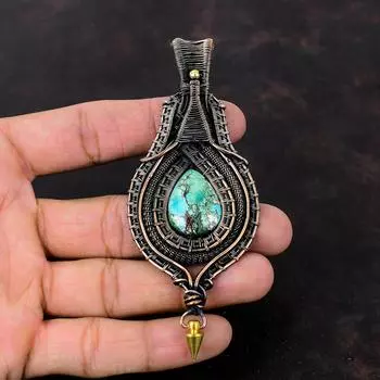Подвеска из тибетской бирюзы, подвеска из медной проволоки с драгоценным камнем, ювелирное изделие ручной работы с проволочной обмоткой, изящный кулон, свадебный подарок, изумительные медные украшения