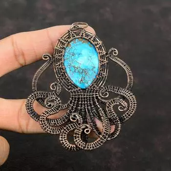 Tibetan Turquoise Pendant Copper Wire Wrapped Octopus Pendant Natural Gemstone Pendant Copper Designer Jewelry Handmade Pendant Gift For Her