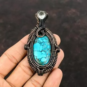 Tibetan Turquoise Pendant Copper Wire Wrapped Pendant Handmade Jewelry White Topaz Pendant Wrapped Gemstone Pendant Copper Jewelry For Gift