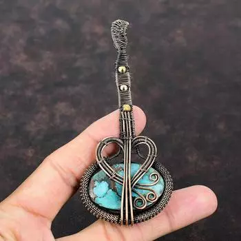 Tibetan Turquoise Pendant Copper Wire Wrapped Pendant Handmade Pendant Copper Wire Jewelry Guitar Pendant Gift For Him Real Gemstone Jewelry