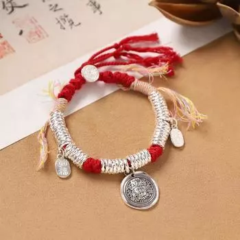 Tibetan Zakiram Hammer Silver Coil Bracelet Braided Red Hand Rope Retro Men s and Women s Bracelet