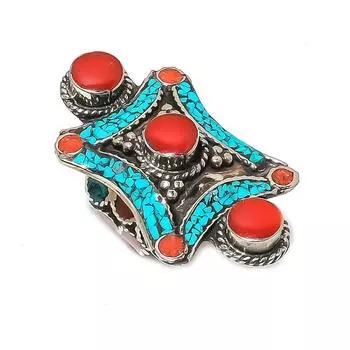 Тибетская бирюза, коралловый драгоценный камень, кольцо ручной работы, размер регулируется s0r43