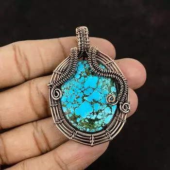 Тибетская бирюза, медный кулон, медная проволока, обернутая драгоценным камнем, проволочная бижутерия, бирюзовые украшения, подарок для него, дизайнерский кулон для подарка