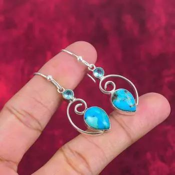 Тибетская бирюза, серьги с голубым топазом, ювелирные изделия из чистого серебра 925 пробы с драгоценными камнями, серьги ручной работы, на День благодарения 1.97 Inches синий