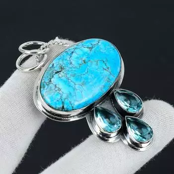 Тибетская бирюза, серебряный кулон с драгоценным камнем из швейцарского голубого топаза, ювелирный кулон из стерлингового серебра 925 пробы, кулон из натуральной бирюзы для женщин / подарков 2.55