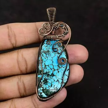 Тибетская бирюзовая медная подвеска, кулон в проволочной обертке, кулон с драгоценным камнем, тибетская бирюзовая бижутерия, кулон ручной работы, бирюзовый подарок для мамы
