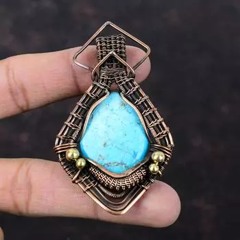 Тибетская бирюзовая подвеска, обернутая медной проволокой, подвеска ручной работы с драгоценным камнем, тибетская бирюзовая бижутерия, подарок для нее, ювелирные изделия из медной проволоки