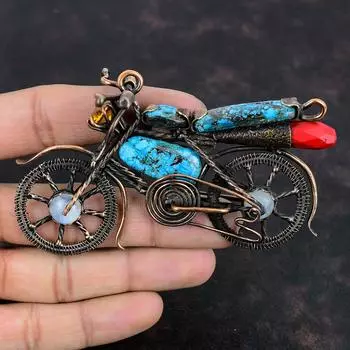 Тибетская бирюзовая подвеска с драгоценными камнями, медная проволока, обернутая подвеска, винтажная подвеска для велосипеда, медные ювелирные изделия из нескольких камней, подвеска для мотоцикла ручной работы