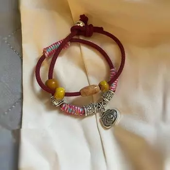 Тибетский элемент, новый стиль, браслет из веревки, двухслойный винтажный персонализированный браслет из деревянного бисера, дизайн, ощущение старого замка, браслет с подвеской 16.5-18cm красный