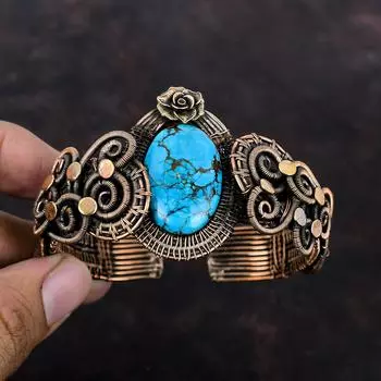Тибетский бирюзовый браслет, браслет из медной проволоки, браслет ручной работы, браслет-манжета, регулируемый браслет, браслеты с цветами, драгоценные камни, ювелирные изделия, подарок для женщин