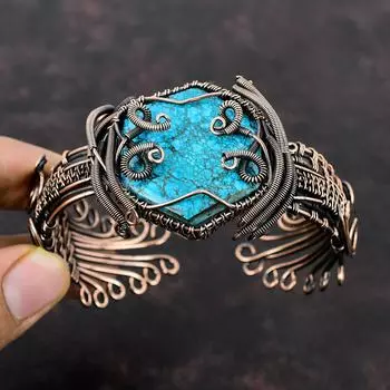 Тибетский бирюзовый браслет из медной проволоки, регулируемый браслет-манжета, браслет из высококачественного драгоценного камня, медная проволока ручной работы, ювелирное изделие, подарок для нее