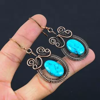 Тибетский бирюзовый драгоценный камень, чистая медная проволока, обернутая вручную изысканные серьги, подарок для женщины 2.64 Inches синий