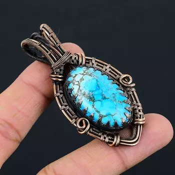 Тибетский бирюзовый драгоценный камень Чистая медная проволока Обернутая ювелирная подвеска ручной работы 2.68 Inches синий