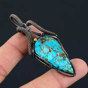 Тибетский бирюзовый драгоценный камень Чистая медная проволока Обернутая ювелирная подвеска ручной работы 2.87 Inches синий