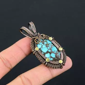 Тибетский бирюзовый драгоценный камень Чистая медная проволока Обернутая ювелирная подвеска ручной работы 2.36 Inches синий