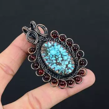 Тибетский бирюзовый драгоценный камень Чистая медная проволока Обернутая ювелирная подвеска ручной работы 2.76 Inches синий