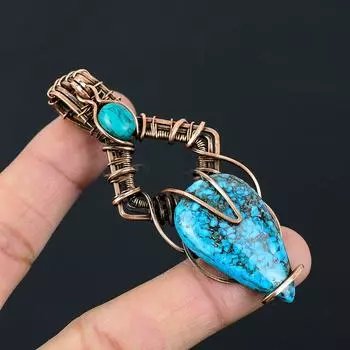 Тибетский бирюзовый драгоценный камень Чистая медная проволока Обернутая ювелирная подвеска ручной работы 3.23 Inches синий