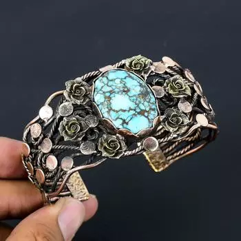 Тибетский бирюзовый драгоценный камень, чистая медная проволока, завернутая в манжеты/браслет ручной работы, регулируемые ювелирные изделия Adjustable синий