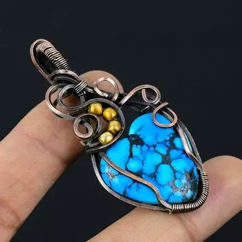 Тибетский бирюзовый драгоценный камень из чистой медной проволоки, обернутый дизайнерской подвеской ручной работы, ювелирные изделия для подарка 2.60 Inches синий