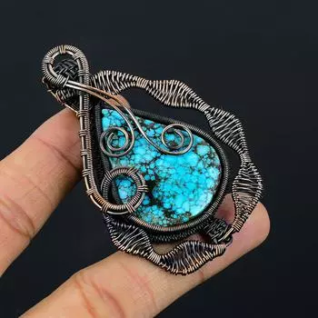 Тибетский бирюзовый драгоценный камень, медная проволока, подвеска ручной работы, ювелирный подарок для нее 2.76 Inches синий