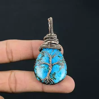 Тибетский бирюзовый драгоценный камень ручной работы из чистой медной проволоки, ювелирный кулон на День памяти 2.56 Inches синий