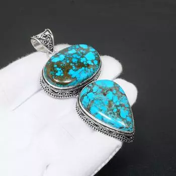 Тибетский бирюзовый драгоценный камень, стерлингового серебра 925 пробы, кулон ручной работы, антикварный кулон, двойной бирюзовый кулон с драгоценным камнем, подарки для женщин 2.75 чёрный/синий