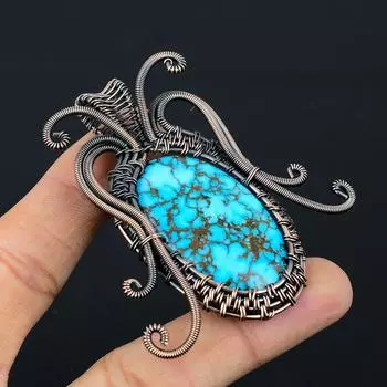 Тибетский бирюзовый драгоценный камень в форме бабочки, чистая медная проволока, обернутая подвеска ручной работы, ювелирные изделия для подарка 2.87 Inches синий