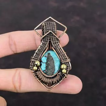 Тибетский бирюзовый кулон, кулон из медной проволоки, стильный кулон, ювелирные изделия ручной работы, кулон с драгоценным камнем для подарка, медные украшения