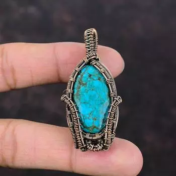 Тибетский бирюзовый кулон, медная проволока, кулон, кулон ручной работы, бирюзовый драгоценный камень, ювелирный подарок для него, уникальный медный дизайн, ювелирные изделия