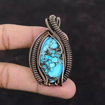 Тибетский бирюзовый кулон Медная проволока Кулон ручной работы Кулон проволочной обмотки Ювелирные изделия Подвеска из драгоценного камня Медный ювелирный кулон для подарка