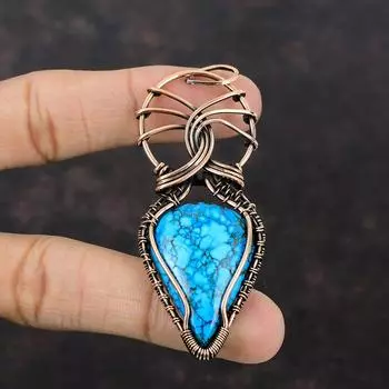 Тибетский бирюзовый кулон, медная проволока, кулон с драгоценным камнем, кулон ручной работы, ювелирные изделия из проволоки, уникальный кулон, подарок для нее, медные украшения