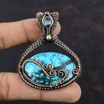 Тибетский бирюзовый кулон, медная проволока, кулон, ювелирные изделия ручной работы из проволоки, швейцарский синий топаз, кулон, драгоценный камень, медные украшения, подарок для женщин