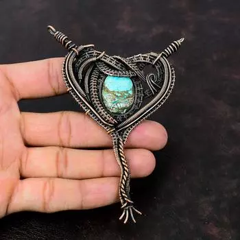 Тибетский бирюзовый кулон, медная проволока, кулон, ювелирные изделия ручной работы, потрясающий кулон с драгоценным камнем, подарок для матери, уникальный медный дизайн, ювелирные изделия
