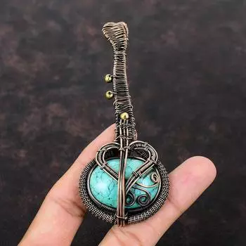 Тибетский бирюзовый кулон, обернутый медной проволокой, драгоценный камень, уникальный медный проволочный ювелирный кулон, ручная работа, гитара, бирюзовый ювелирный подарок