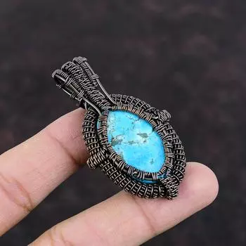 Тибетский бирюзовый кулон, обернутый медной проволокой, уникальный кулон ручной работы, бирюзовые украшения, кулон из натурального драгоценного камня, ювелирные изделия из медной проволоки