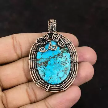Тибетский бирюзовый медный кулон, медная проволока, кулон, кулон с драгоценным камнем, бирюзовый ювелирный подарок для мамы, ювелирные изделия ручной работы из проволоки
