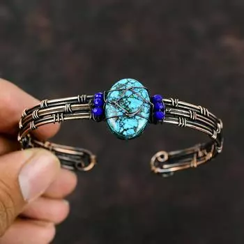 Тибетский браслет-манжета с бирюзой, лазурит, бусины, браслет, медная проволока, обернутые ювелирные изделия, регулируемая манжета, браслет из драгоценных камней, браслет ручной работы